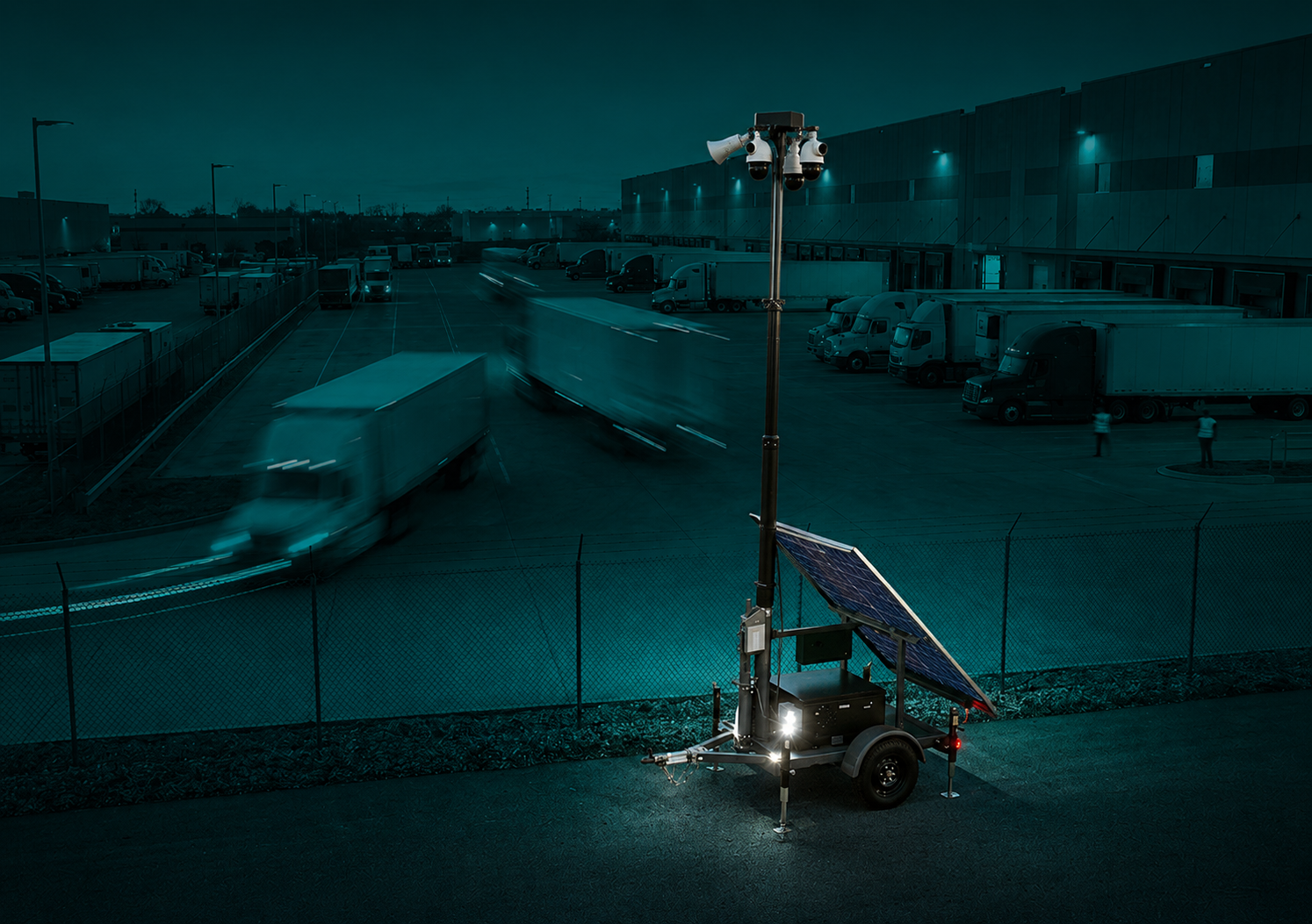 Mobile security camera trailer at a logistics yard