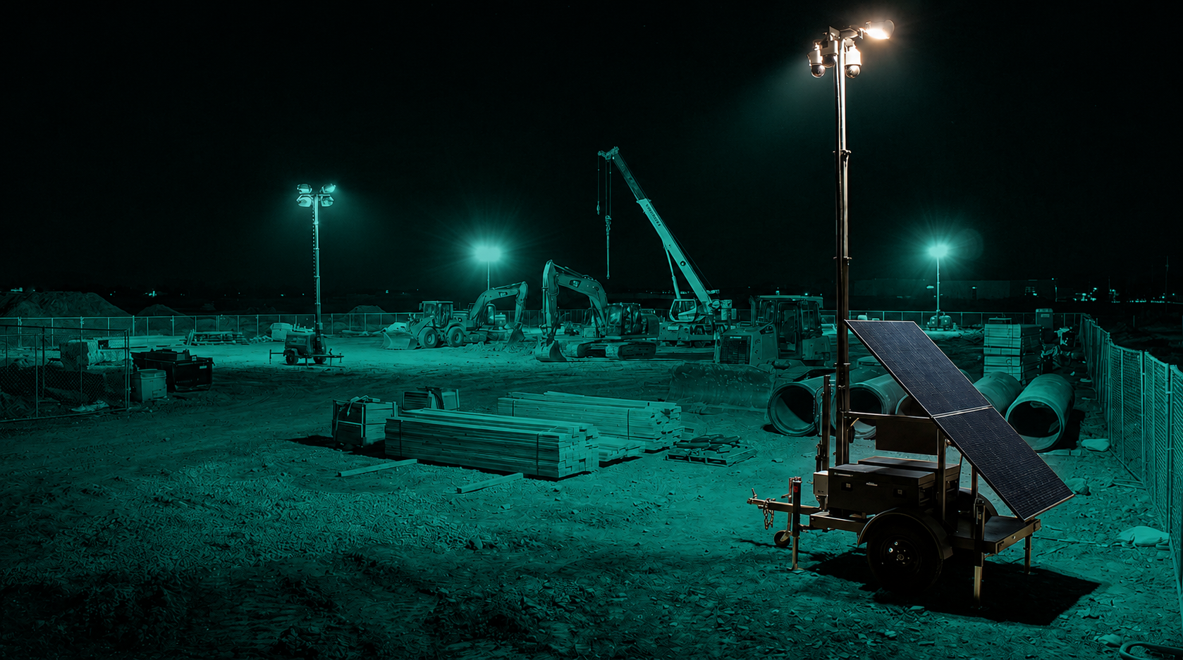 Solar-powered mobile security trailer on a construction site